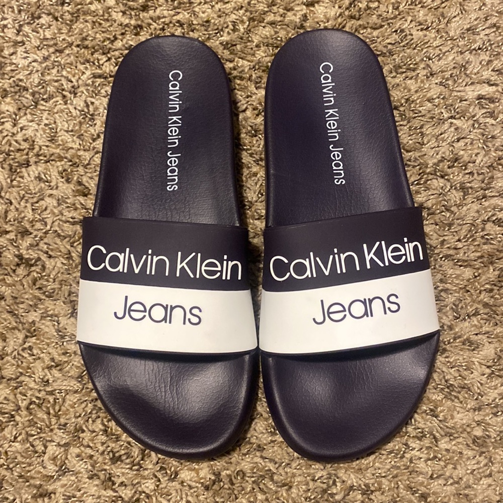 Calvin Klein Navy and White Slide Sandals